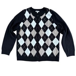 Croft & Barrow Argyle Knit Cardigan Sweater Black Beige Women's Size XL